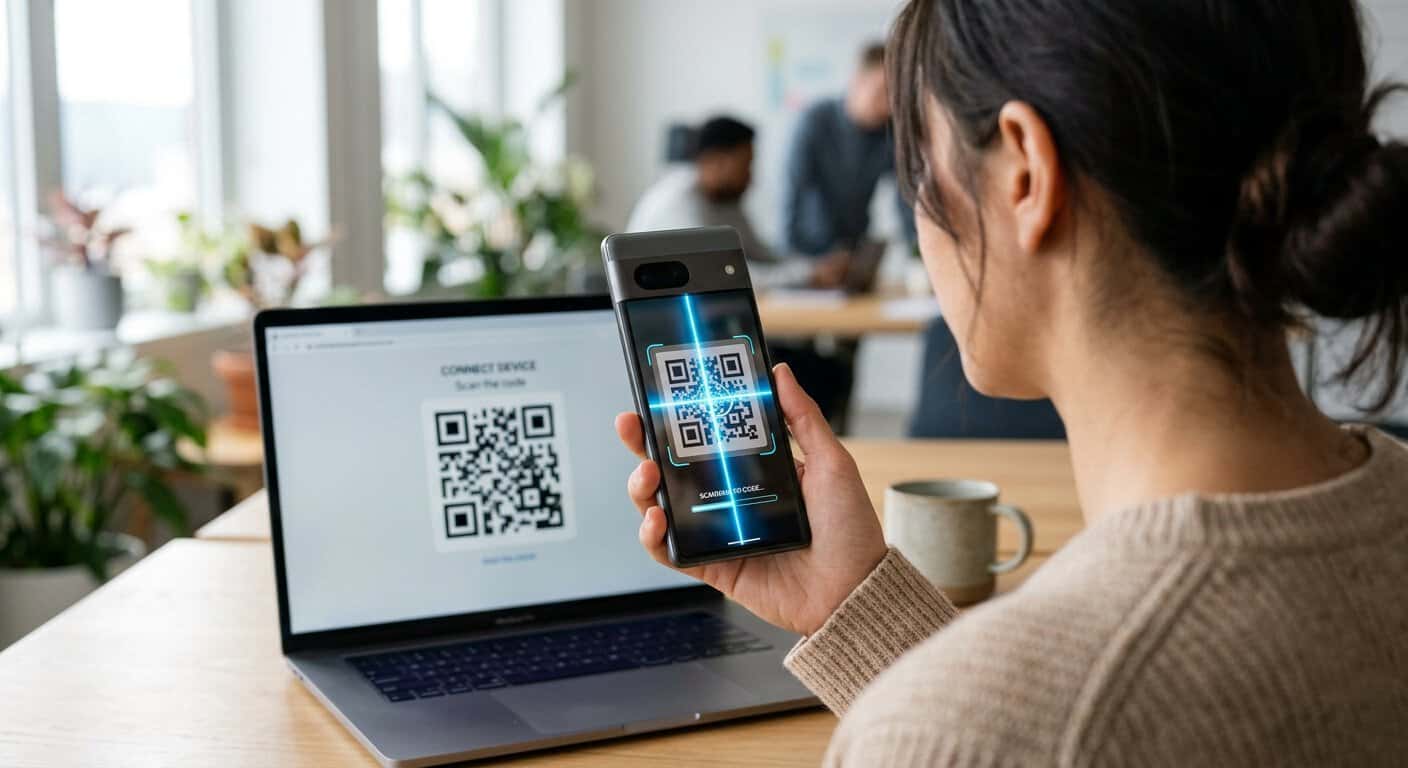 אישה סורקת קוד QR ממסך מחשב נייד בעזרת סמארטפון כדי לחבר בין המכשירים