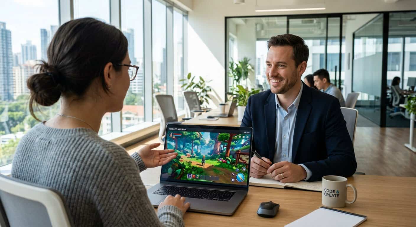 מפתחת מציגה פרויקט פיתוח משחק וידאו על מסך מחשב נייד לעמית עבודה במהלך פגישה במשרד הייטק מודרני